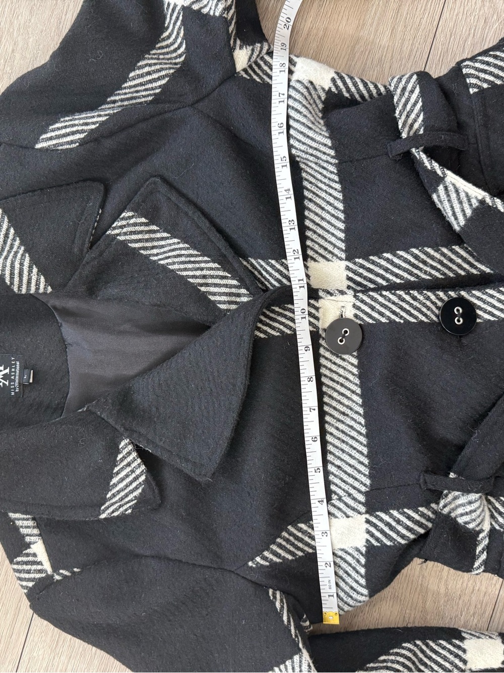 Miss Ashley Black White Plaid Wool Blend Belted Coat Size L - Picture 8 of 9